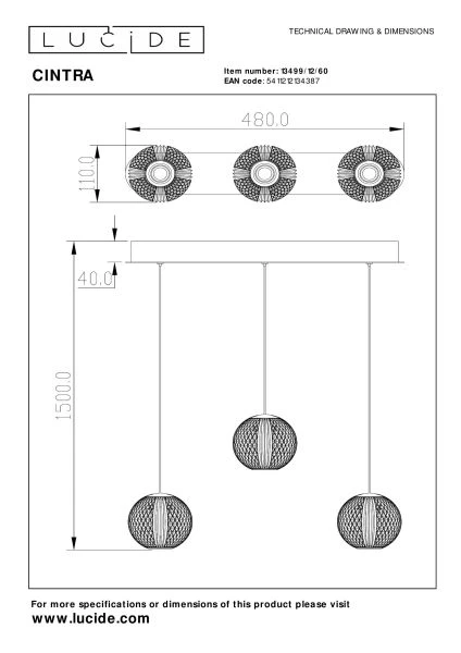 Lucide CINTRA - Pendelleuchten - LED Dim. - 3x4,7W 2700K - Transparent - technisch